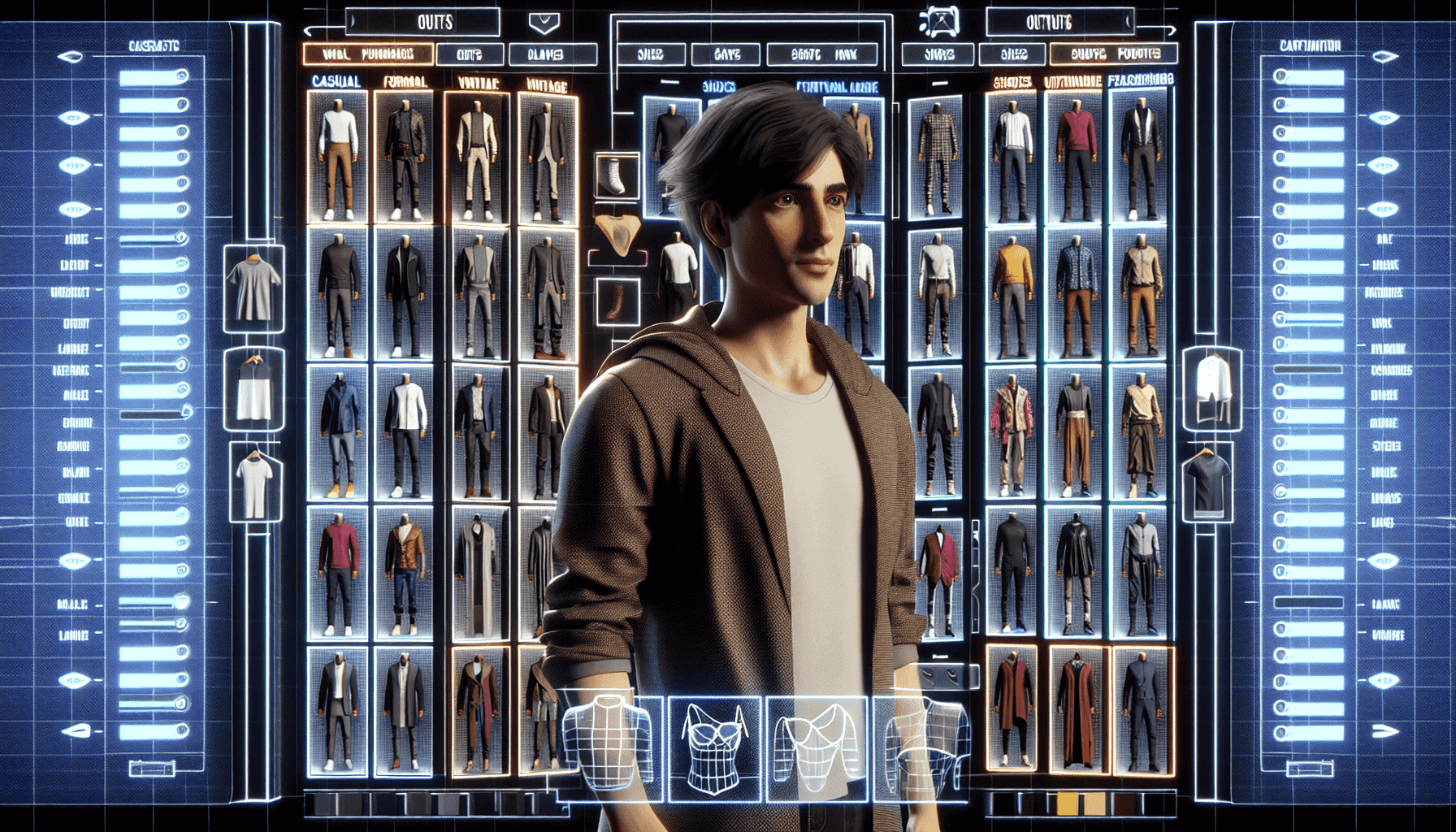Écran de personnalisation de personnage avec divers tenues et accessoires