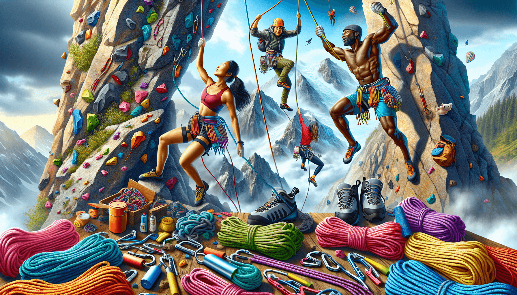 Scène d'escalade de montagne cartoon avec équipement coloré