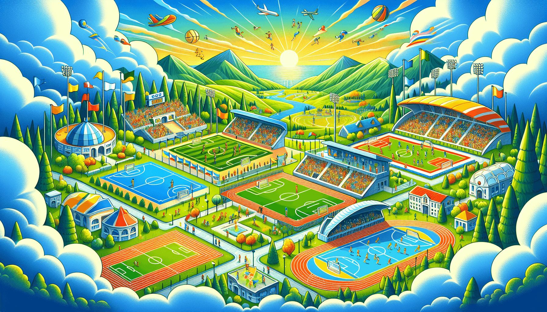Paysage coloré et cartoon de Sportlandia avec diverses arènes sportives
